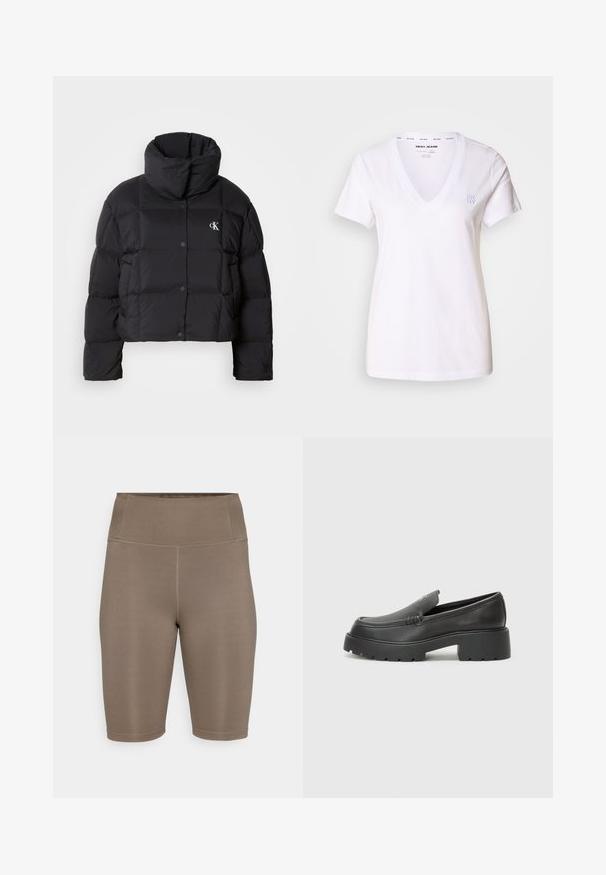 Juodas pūkinis švarkas su trumpu dizainu, aukštu apykakle ir mygtukų uždarymu. Pagamintas iš blizgios, šiltos medžiagos, turinčios siūtas dalis.; Balta V formos t-shirt marškinėliai, pagaminti iš medvilnės. Trumpomis rankovėmis, laisvas kirpimas. Diskretiškas DKNY logotipas, išsiuvinėtas kairėje krūtinės pusėje. Lygi tekstūra.; Rudos dviratininko šortai, pagaminti iš tamprios medžiagos, su aukštu juosmeniu. Ypatybės: sklandus paviršius ir lygūs siūlės, užtikrinančios komfortą. Nėra matomų logotipų ar raštų.; Juodi odiniai loaferiai su apvaliu pirštu, storu tekstūruotu padu ir minimaliu siūlių dekoru. Išskirtinis dizainas be matomų raištelių ar furnitūros.