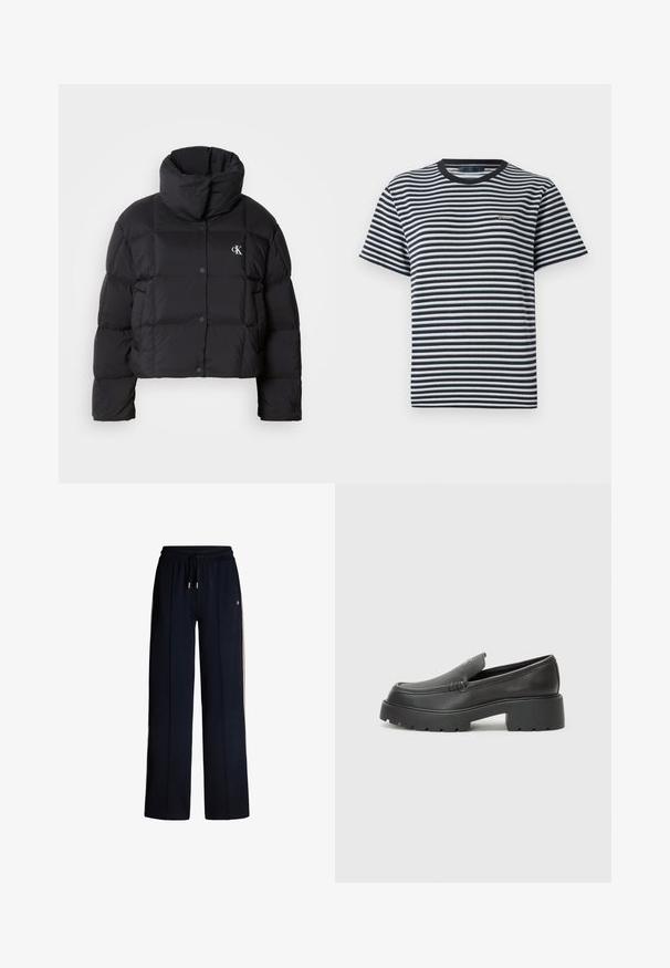 Zwarte pufferjack met een cropped ontwerp, hoge kraag en knoopsluiting. Gemaakt van glanzend, geïsoleerd materiaal met gestikte secties.; Gestreepte t-shirt met zwart-witte horizontale strepen, ronde halslijn en korte mouwen. Gemaakt van zachte, lichte stof.; Marineblauwe sweatpants met een wijduitlopende pasvorm, elastische tailleband, trekkoordsluiting en crèmekleurige zijstrepen. Gemaakt van zachte, gestructureerde stof.; Zwarte leren instappers met een ronde neus, dikke getextureerde zool en minimale stikseldetails. Strak ontwerp zonder zichtbare veters of hardware.