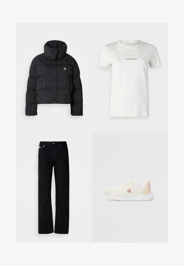 Czarna kurtka puchowa o kroju cropped, z wysokim kołnierzem i zapięciem na guziki. Wykonana z błyszczącego, izolowanego materiału z pikowanymi sekcjami.; Biała bawełniana koszulka z krótkim rękawem, okrągłym dekoltem, z małym, haftowanym logo "Calvin Klein Jeans" w ciemnym brązie. Prosty design.; Czarne dżinsowe spodnie straight-leg z pięcioma kieszeniami, srebrnymi nity i zapięciem na guziki. Materiał ma gładkie, lekko teksturowane wykończenie.; Białe siatkowe sneakersy z teksturowaną powierzchnią, jasnobeżowymi akcentami, podwyższoną białą podeszwą oraz czerwonym logo "CK" po boku.