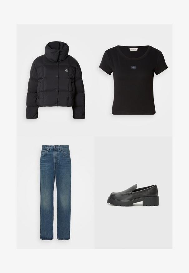 Casaco puffer preto com um design cropped, gola alta e fecho de botão. Feito de material brilhante e isolante, apresentando seções acolchoadas.; Camiseta preta de manga curta com textura canelada, apresentando um pequeno emblema no peito e um decote arredondado.; Levi's® Made & Crafted THE COLUMN - Calças de ganga de perna direita - coastal blue; Mocassins de couro preto com bico arredondado, sola espessa e texturizada, e detalhes de costura minimalistas. Design elegante sem atacadores ou ferragens visíveis.