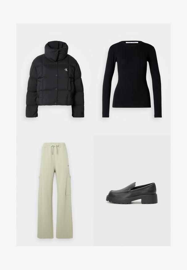 Černá péřová bunda s krátkým střihem, vysokým límcem a zapínáním na knoflíky. Vyrobena z lesklého, izolačního materiálu s prošívanými částmi.; Černý dlouhý rukáv top vyrobený z ribbrované látky. Má kulatý výstřih a přiléhavý střih. Žádné vzory ani ozdoby. Jednoduchý design.; Světle zelené bavlněné tepláky s šňůrkou v pase, širokými nohavicemi a dvěma bočními kapsami na cargo. Hladká textura bez viditelných vzorů.; Černé kožené mokasíny s okrouhlou špičkou, silnou strukturovanou podrážkou a minimálními detaily šití. Elegantní design bez viditelných tkaniček nebo kovových prvků.