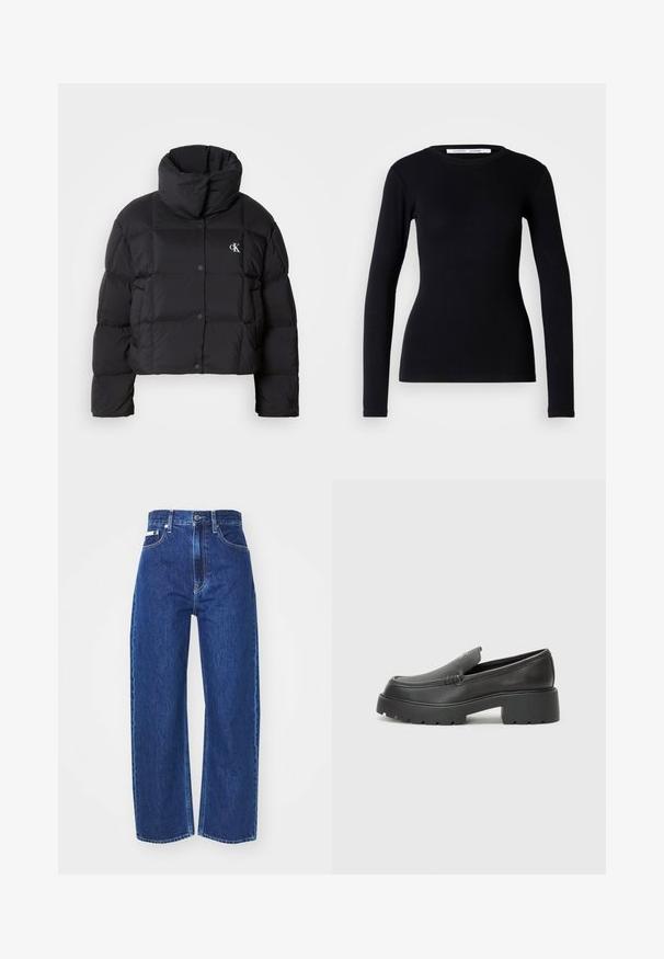 Juodas pūkinis švarkas su trumpu dizainu, aukštu apykakle ir mygtukų uždarymu. Pagamintas iš blizgios, šiltos medžiagos, turinčios siūtas dalis.; Juodas ilgos rankovės marškinėlis, pagamintas iš riverio audinio. Turi apvalų iškirpimą ir prigludusį siluetą. Nėra raštų ar dekoracijų. Paprastas dizainas.; Tamsiai mėlynos džinsinės kelnės su tiesia kojų forma, aukštu liemeniu, priekinėmis kišenėmis ir metaliniu mygtuko užsegimu. Tekstūruota medžiaga su matomais siūlės neišsamiomis.; Juodi odiniai loaferiai su apvaliu pirštu, storu tekstūruotu padu ir minimaliu siūlių dekoru. Išskirtinis dizainas be matomų raištelių ar furnitūros.