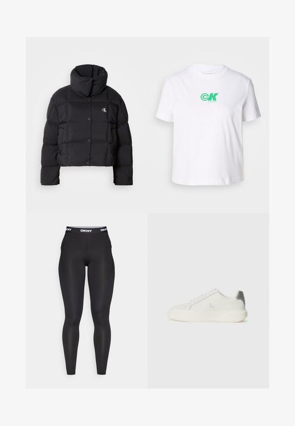 Mustat toppatakki, jossa on lyhyt malli, korkea kaulus ja nappikiinnitys. Valmistettu kiiltävästä, eristävästä materiaalista, jossa on tikatut osat.; Valkoinen puuvillapaita, jossa on pyöreä kaula-aukko ja lyhyet hihat. Etupuolella vihreä Calvin Klein -logo. Klassinen, suoran leikkauksen malli.; Mustat urheilulegginsit, joissa on DKNY-logolla varustettu vyötärö, valmistettu sileästä ja joustavasta kankaasta. Sisältää sivusaumat ja vartalonmyötäisen siluetin.; Valkoinen nahkakenkä, jossa on sileä pinta, hopeinen yksityiskohta kantapäässä, tasapohja ja minimalistinen muotoilu.