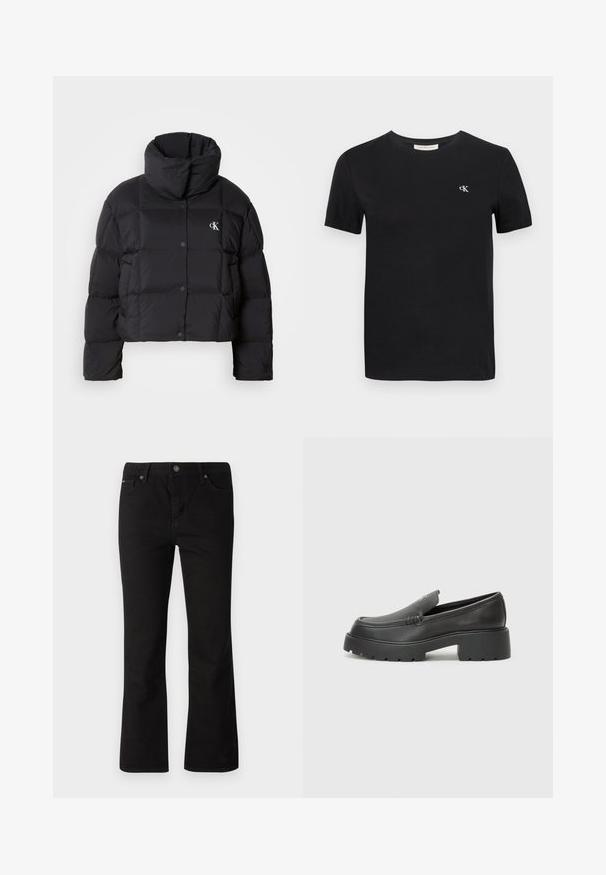 Černá péřová bunda s krátkým střihem, vysokým límcem a zapínáním na knoflíky. Vyrobena z lesklého, izolačního materiálu s prošívanými částmi.; Černé bavlněné tričko s klasickým kulatým výstřihem, krátkými rukávy a malým bílým vyšívaným logem "ck" na hrudi.; Černé džíny rovného střihu s knoflíkovým a zipovým zapínáním, poutky na opasek a předními a zadními kapsami na bílém pozadí.; Černé kožené mokasíny s okrouhlou špičkou, silnou strukturovanou podrážkou a minimálními detaily šití. Elegantní design bez viditelných tkaniček nebo kovových prvků.