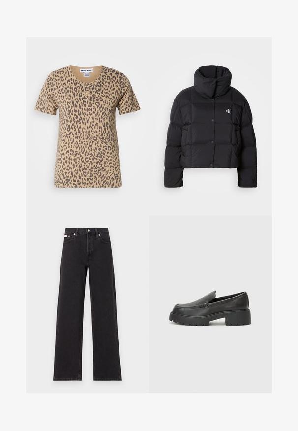 Čierna puff jacket s krátkym strihom, vysokým golierom a zapínaním na gombíky. Vyrobená z lesklého, izolačného materiálu so prešívanými sekciami.; Návrh krátkeho rukáva béžovej tričko s leopardím potlačou, vybavené okrúhlym výstrihom a malým zlatým logom na prednej strane.; Čierne široké džínsy vyrobené z denimu, s vysokým pásom, piatimi vreckami a kovovým zapínaním s kontrastným šitím.; Čierne kožené mokasíny s okrúhlou špičkou, hrubou textúrovanou podrážkou a minimom stehovej výzdoby. Štíhly dizajn bez viditeľných šnúr alebo kovania.