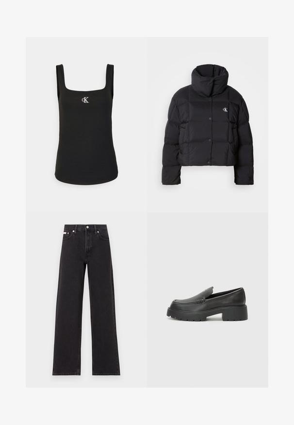 Fekete puffertáska, rövidített fazonnal, magas gallérral és gombos záródással. Fényes, szigetelt anyagból készült, steppelt részekkel.; Fekete trikó négyzet alakú dekoltárral, bordázott textúrával és egy kis fehér "cK" logóval a mellkason, széles pántokkal.; Fekete, bőszárú farmernadrág, magas derekú, öt zsebes kialakítással és fém gombos záródással, kontrasztos varrással.; Fekete bőr loafer cipők kerek orral, vastag, texturált talppal és minimális varrási részletekkel. Áramvonalas dizájn, látható fűzők vagy fém részek nélkül.