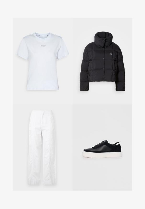Must zwart puffer jope, mille disainiga, kõrge kaelusega ja nööpidega kinni. Valmistatud läikivast, soojust liikuvast materjalist, millel on äraotatud sektsioonid.; Valge puuvillane T-särk lühikeste varrukatega, ümmargune kaelus ja väike hõbedane logo rinnal. Pehme tekstuur ja standardne lõike.; Valged laiad püksid, mis on valmistatud kergetest materjalidest, omades siledat tekstuuri, puhtaid jooni ja kõrget vöökohta.; Mustad mustad spordijalanõud siledast nahast ja sametist paneelidega, lame nööriga, ümar varvas ja valge kummist tallaga. Erakordne logo kontsas.