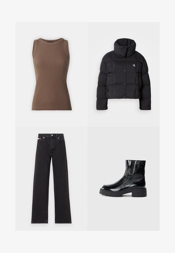 Casaco puffer preto com um design cropped, gola alta e fecho de botão. Feito de material brilhante e isolante, apresentando seções acolchoadas.; DRYKORN OLINA - Top - brown; Jeans de perna larga pretos feitos de denim, apresentando uma cintura alta, estilo de cinco bolsos e um fecho em botão de metal com costura contrastante.; Botas de tornozelo pretas com acabamento em pele envernizada brilhante, sola de borracha preta robusta e salto elevado; inclui um detalhe discreto do logótipo na lateral.