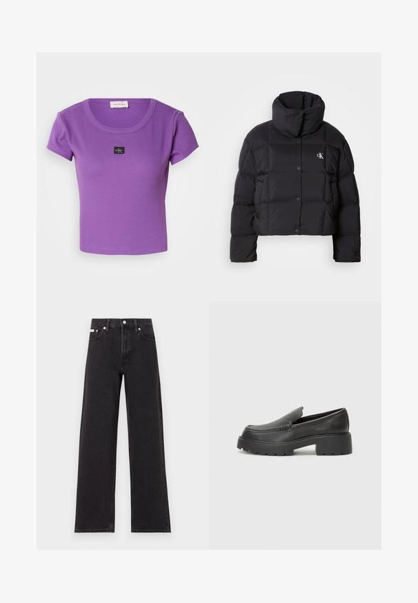 Fekete puffertáska, rövidített fazonnal, magas gallérral és gombos záródással. Fényes, szigetelt anyagból készült, steppelt részekkel.; Lila bordázott, rövid ujjú póló kerek nyakkivágással és egy kis fekete Calvin Klein logóval a mellkason. Puha tapintás.; Fekete, bőszárú farmernadrág, magas derekú, öt zsebes kialakítással és fém gombos záródással, kontrasztos varrással.; Fekete bőr loafer cipők kerek orral, vastag, texturált talppal és minimális varrási részletekkel. Áramvonalas dizájn, látható fűzők vagy fém részek nélkül.