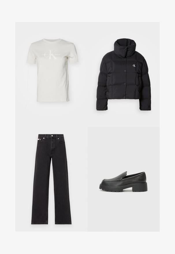 Black puffer jacket with a cropped design, high collar, and button closure. Made from glossy, insulated material featuring quilted sections.; White cotton t-shirt featuring a crew neckline and short sleeves. The front displays a subtle logo in light gray: "CK Calvin Klein Jeans."; Black wide-leg jeans made of denim, featuring a high-rise waist, five-pocket styling, and a metal button closure with contrasting stitching.; Black leather loafers with a rounded toe, thick textured sole, and minimal stitching details. Sleek design with no visible laces or hardware.