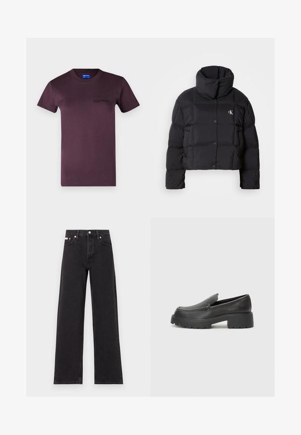 Juodas pūkinis švarkas su trumpu dizainu, aukštu apykakle ir mygtukų uždarymu. Pagamintas iš blizgios, šiltos medžiagos, turinčios siūtas dalis.; Tamsiai violetinė medvilninė marškinėliai su trumpomis rankovėmis, apvaliu kaklu ir juodu spausdintu logotipu kairėje krūtinės pusėje. Glotnus paviršius.; Juodos plačios kojų džinsai, pagaminti iš džinsinio audinio, su aukštu liemeniu, penkių kišenių stiliumi ir metaline sagte su kontrastingo siuvimo detalėmis.; Juodi odiniai loaferiai su apvaliu pirštu, storu tekstūruotu padu ir minimaliu siūlių dekoru. Išskirtinis dizainas be matomų raištelių ar furnitūros.