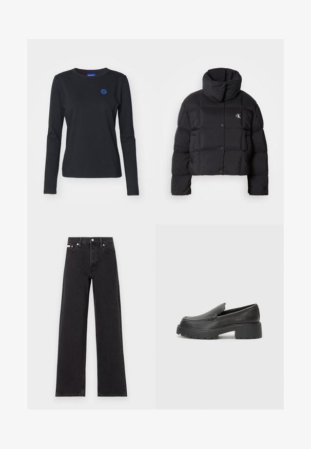 Schwarze Pufferjacke mit einem cropped Design, hohem Kragen und Knopfverschluss. Hergestellt aus glänzendem, isoliertem Material mit gesteppte Abschnitten.; Schwarz langärmliges T-Shirt aus Baumwolle, mit einem blauen lächelnden Gesicht-Logo auf der linken Brust und einem Rundhalsausschnitt.; Schwarze weit geschnittene Jeans aus Denim mit einem hoch sitzenden Bund, fünf Taschen und einem Metallknopfverschluss mit kontrastierendem Nähte.; Schwarze Lederloafer mit einer abgerundeten Spitze, dicker strukturierten Laufsohle und minimalen Nähten. Schlankes Design ohne sichtbare Schnürsenkel oder Beschläge.