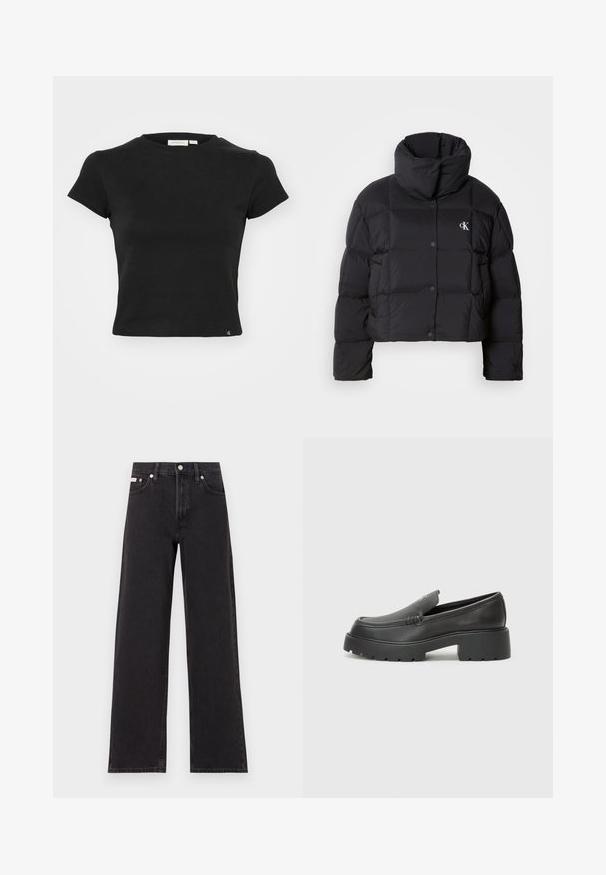 Fekete puffertáska, rövidített fazonnal, magas gallérral és gombos záródással. Fényes, szigetelt anyagból készült, steppelt részekkel.; Fekete, rövid ujjú pamut póló, kerek nyakú, formás szabású, és egy kis logós címke a szegélyén.; Fekete, bőszárú farmernadrág, magas derekú, öt zsebes kialakítással és fém gombos záródással, kontrasztos varrással.; Fekete bőr loafer cipők kerek orral, vastag, texturált talppal és minimális varrási részletekkel. Áramvonalas dizájn, látható fűzők vagy fém részek nélkül.
