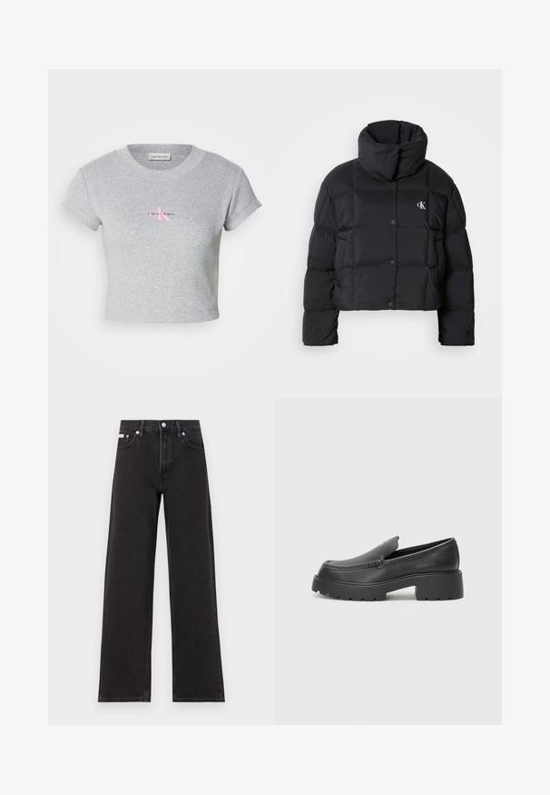 Črn napihnjen jakna s skrajšanim dizajnom, visokim ovratnikom in gumbnim zapiranjem. Narejena iz sijajnega, toplega materiala z oblečenimi odseki.; Siva skrajšana majica iz bombaža, z ribasto teksturo in kratkimi rokavi. Na sprednji strani je prikazan rožnat logotip Calvin Klein.; Črne široke jeans hlače iz denima, s poudarjenim pasom, petimi žepi in kovinskim gumbom za zapiranje ter kontrastnim šivanjem.; Črne usnjene loafers čevlje z zaobljenim nosom, debelim teksturiranim podplatom in minimalnimi šivi. Elegantna zasnova brez vidnih vezalk ali kovinskih delov.