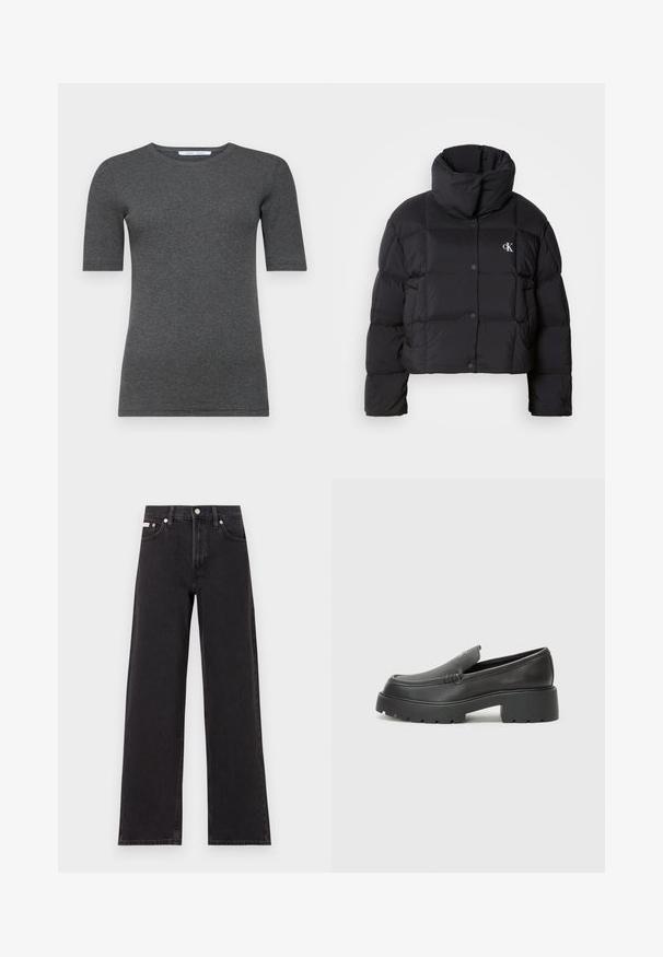 Black puffer jacket with a cropped design, high collar, and button closure. Made from glossy, insulated material featuring quilted sections.; Gray short-sleeve t-shirt made of soft, stretchy fabric with a round neckline and a fitted shape, featuring a smooth texture and minimal design.; Black wide-leg jeans made of denim, featuring a high-rise waist, five-pocket styling, and a metal button closure with contrasting stitching.; Black leather loafers with a rounded toe, thick textured sole, and minimal stitching details. Sleek design with no visible laces or hardware.