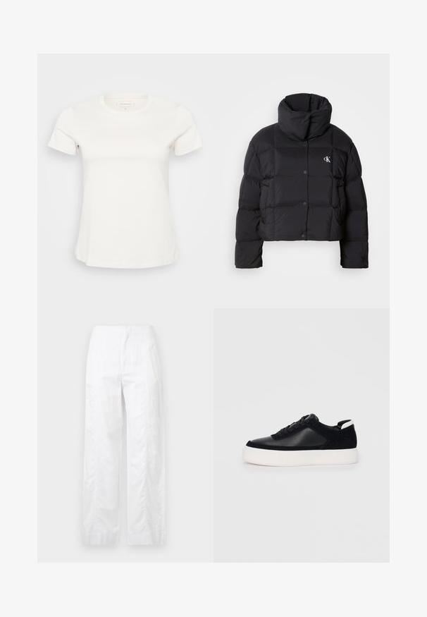 Black puffer jacket with a cropped design, high collar, and button closure. Made from glossy, insulated material featuring quilted sections.; White cotton t-shirt with short sleeves, round neckline, and a slight stretch. Features a subtle logo at the front, smooth texture, and standard fit.; White wide-leg trousers made of lightweight fabric, featuring a smooth texture, clean lines, and a high waist design.; Black sneaker with smooth leather and suede panels, flat laces, rounded toe, and a white rubber sole. Distinct logo on the heel.
