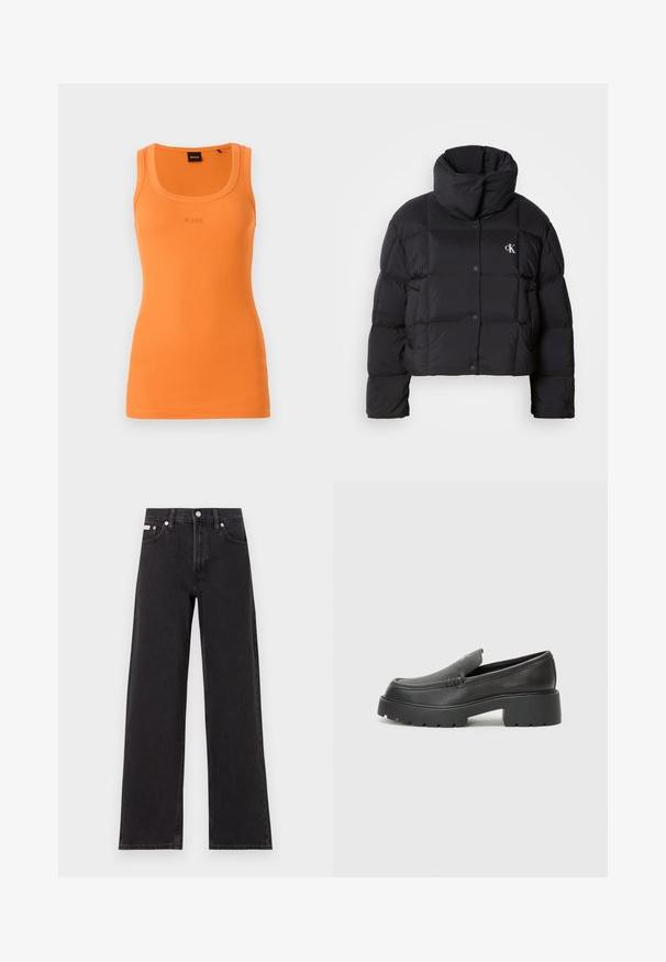 Giacca piumino nera con un design cropped, colletto alto e chiusura con bottoni. Realizzata in materiale lucido e isolato con sezioni trapuntate.; Top in cotone arancione a costine con scollatura arrotondata e logo BOSS ricamato al centro. Silhouette aderente, tessuto leggero e design senza maniche.; Jeans neri a gamba larga in denim, con vita alta, styling a cinque tasche e chiusura con bottone metallico e cuciture a contrasto.; Mocassini in pelle nera con punta arrotondata, suola spessa e testurizzata, e minime cuciture. Design elegante senza lacci o parti metalliche visibili.