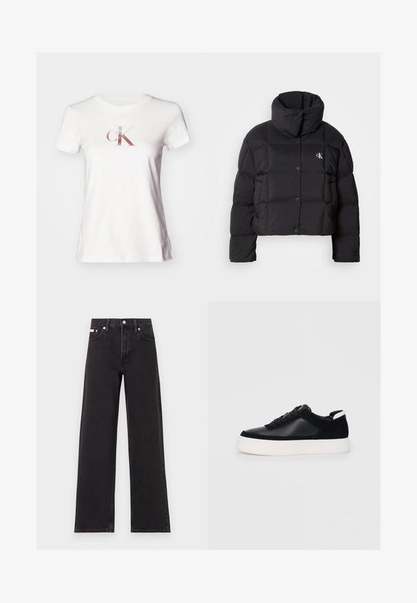 Casaco puffer preto com um design cropped, gola alta e fecho de botão. Feito de material brilhante e isolante, apresentando seções acolchoadas.; Calvin Klein Jeans GRADIENT SLIM TEE - T-shirt estampada - ivory; Jeans de perna larga pretos feitos de denim, apresentando uma cintura alta, estilo de cinco bolsos e um fecho em botão de metal com costura contrastante.; Sapatilha preta com painéis de pele lisa e camurça, atacadores planos, bico arredondado e sola de borracha branca. Logótipo distinto no calcanhar.