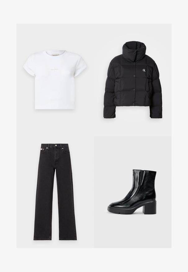 Black puffer jacket with a cropped design, high collar, and button closure. Made from glossy, insulated material featuring quilted sections.; White cotton crop t-shirt with short sleeves, featuring a subtle gold "Calvin Klein" logo on the front and a rounded neckline.; Black wide-leg jeans made of denim, featuring a high-rise waist, five-pocket styling, and a metal button closure with contrasting stitching.; Black patent leather ankle boots with a curved toe, elastic side panels, and a chunky block heel. Features embossed logo on the back.