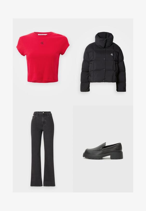 Casaco puffer preto com um design cropped, gola alta e fecho de botão. Feito de material brilhante e isolante, apresentando seções acolchoadas.; Calvin Klein Jeans CROPPED SLIM TEE - T-shirt básica - candy apple; Jeans flared pretos de cintura alta feitos de denim, com fecho de botão, passadores para cinto e bolsos laterais. Textura suave com desbotamento mínimo.; Mocassins de couro preto com bico arredondado, sola espessa e texturizada, e detalhes de costura minimalistas. Design elegante sem atacadores ou ferragens visíveis.