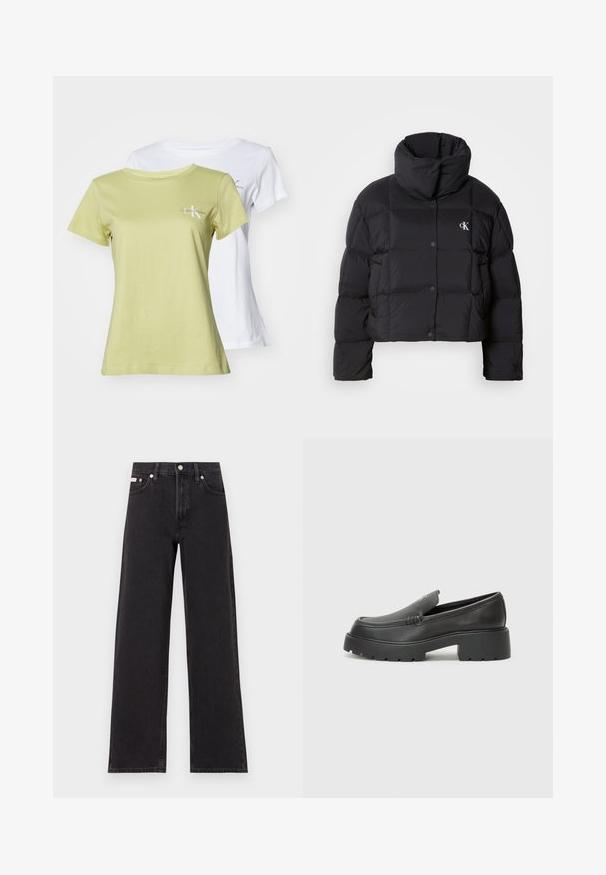 Melnā pūkainā jaka ar saīsinātu dizainu, augstu apkakli un pogu aizdari. Izgatavota no spīdīgas, izolējošas materiāla ar kviltētām daļām.; Divas divas T-krekli; viens gaiši zaļš un otrs balts. Abiem ir īsas piedurknes un neliels pelēks Calvin Klein logotips uz krūtīm.; Melni platmalu džinsi, kas izgatavoti no denima, ar augstu vidukli, piecu kabatu dizainu un metāla pogas aizdari ar kontrastējošu šuvumu.; Melnas ādas mokasīni ar noapaļotu purngalu, biezs teksturēts zoles un minimālas dūriena detaļas. Gluds dizains bez redzamām auklām vai metāla elementiem.