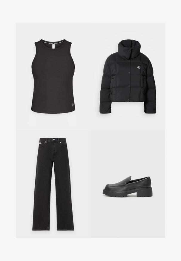 Must zwart puffer jope, mille disainiga, kõrge kaelusega ja nööpidega kinni. Valmistatud läikivast, soojust liikuvast materjalist, millel on äraotatud sektsioonid.; Mustmust triibuline tank top, ümar kaelus, ilma varrukateta disain ja brändi etikett allääres. Sile tekstuur ja õhuke lõike.; Mustad laiad mustad teksad, millel on kõrge vöökoht, viie tasku stiil ja metallist nööpkinnitus kontrastsete õmblustega.; Mustad nahast loafers ümarate varvastega, paksu tekstuuriga tald ja minimaalsete õmbluse detailidega. Viimistletud disain, kus pole nähtavaid paelu ega riistu.