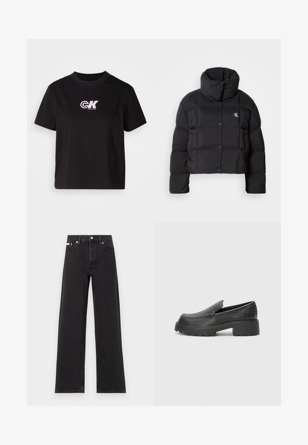 Czarna kurtka puchowa o kroju cropped, z wysokim kołnierzem i zapięciem na guziki. Wykonana z błyszczącego, izolowanego materiału z pikowanymi sekcjami.; Czarna bawełniana koszulka z okrągłym dekoltem i krótkimi rękawami. Posiada biało-różowe logo "CK" na górnym lewym obszarze klatki piersiowej.; Czarne dżinsy o szerokich nogawkach, wykonane z denimu, z wysokim stanem, pięcioma kieszeniami oraz metalowym zapięciem z kontrastowym szwem.; Czarne skórzane mokasyny z zaokrąglonym noskiem, grubą fakturowaną podeszwą oraz minimalnymi detalami szycia. Elegancki design bez widocznych sznurowadeł czy elementów metalowych.