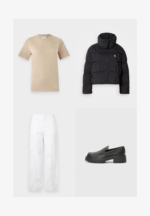 Fekete puffertáska, rövidített fazonnal, magas gallérral és gombos záródással. Fényes, szigetelt anyagból készült, steppelt részekkel.; Beige színű pamut póló, rövid ujjú, kerek nyakkivágással, domború "LACOSTE" logóval a mellkasán, sima tapintású, és szabványos szabással.; Fehér, széles szárú nadrág könnyű anyagból, sima textúrával, letisztult vonalakkal és magasderék kialakítással.; Fekete bőr loafer cipők kerek orral, vastag, texturált talppal és minimális varrási részletekkel. Áramvonalas dizájn, látható fűzők vagy fém részek nélkül.