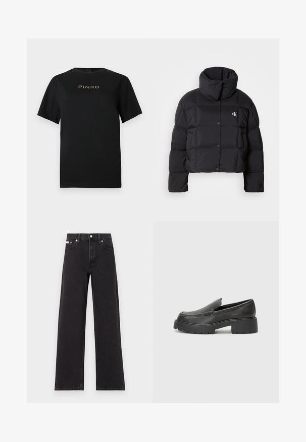 Crna puffer jakna s krojenjem na visini struka, visokim ovratnikom i kopčanjem na dugmad. Izrađena od sjajnog, izoliranog materijala s četvrtastim sekcijama.; Crna pamučna majica s kratkim rukavima i okruglim izrezom. Sprijeda prikazan logo "PINKO" u zlatnom tisku.; Crne široke traperice od denima, s visokim strukom, pet džepova i metalnim zatvaranjem s kontrastnim šavovima.; Crne kožne loaferice s zaobljenim vrhom, debelim teksturiranim potplatom i minimalnim detaljima šivanja. Elegantna izrada bez vidljivih vezica ili metalnih elemenata.