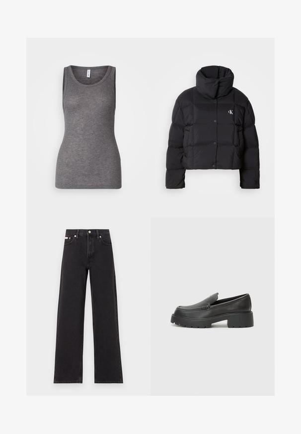 Black puffer jacket with a cropped design, high collar, and button closure. Made from glossy, insulated material featuring quilted sections.; Samsøe Samsøe SONNET TANK - Top - grey; Black wide-leg jeans made of denim, featuring a high-rise waist, five-pocket styling, and a metal button closure with contrasting stitching.; Black leather loafers with a rounded toe, thick textured sole, and minimal stitching details. Sleek design with no visible laces or hardware.