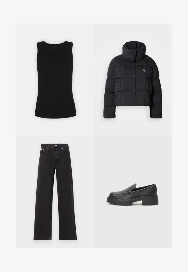 Črn napihnjen jakna s skrajšanim dizajnom, visokim ovratnikom in gumbnim zapiranjem. Narejena iz sijajnega, toplega materiala z oblečenimi odseki.; Črna brezrokavna majica iz rebrastega bombaža, z zaobljenim ovratnikom in prilegnjeno silhueto.; Črne široke jeans hlače iz denima, s poudarjenim pasom, petimi žepi in kovinskim gumbom za zapiranje ter kontrastnim šivanjem.; Črne usnjene loafers čevlje z zaobljenim nosom, debelim teksturiranim podplatom in minimalnimi šivi. Elegantna zasnova brez vidnih vezalk ali kovinskih delov.