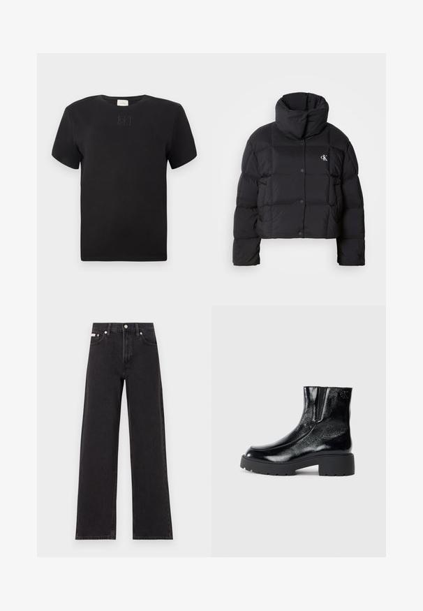 Jachetă puffer neagră cu un design scurt, guler înalt și închidere cu buton. Fabricată dintr-un material lucios și izolat, cu secțiuni matlasate.; Tricou negru cu mânecă scurtă și guler rotund, cu logo-ul Calvin Klein cusut discret, centrat pe piept, design simplu pe fundal alb.; Jeanși negri cu picioare largi, fabricați din denim, cu talie înaltă, stil cu cinci buzunare și închidere cu nasture metalic, cu cusături contrastante.; Botine negre până la gleznă, cu un finisaj de piele lacuită strălucitoare, talpă de cauciuc neagră masivă și toc înălțat; include detalii subtile cu logo pe lateral.