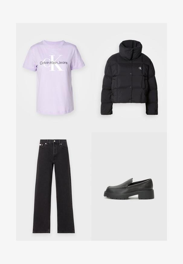 Must zwart puffer jope, mille disainiga, kõrge kaelusega ja nööpidega kinni. Valmistatud läikivast, soojust liikuvast materjalist, millel on äraotatud sektsioonid.; Calvin Klein Jeans MONOLOGO REGULAR TEE - Trükipildiga T-särk - candy apple; Mustad laiad mustad teksad, millel on kõrge vöökoht, viie tasku stiil ja metallist nööpkinnitus kontrastsete õmblustega.; Mustad nahast loafers ümarate varvastega, paksu tekstuuriga tald ja minimaalsete õmbluse detailidega. Viimistletud disain, kus pole nähtavaid paelu ega riistu.