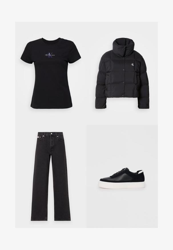 Black puffer jacket with a cropped design, high collar, and button closure. Made from glossy, insulated material featuring quilted sections.; Black cotton t-shirt with a round neck, featuring a purple and white "Calvin Klein Jeans" logo on the chest. Short sleeves, regular fit.; Black wide-leg jeans made of denim, featuring a high-rise waist, five-pocket styling, and a metal button closure with contrasting stitching.; Black sneaker with smooth leather and suede panels, flat laces, rounded toe, and a white rubber sole. Distinct logo on the heel.