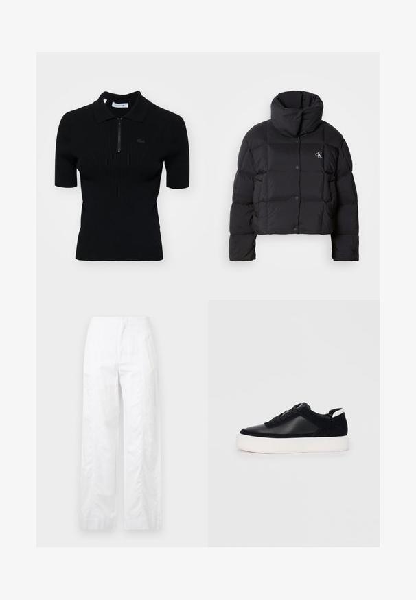 Casaco puffer preto com um design cropped, gola alta e fecho de botão. Feito de material brilhante e isolante, apresentando seções acolchoadas.; Camisa polo preta canelada com mangas curtas, gola com zíper e um discreto detalhe de logotipo. Feita de material de malha texturizada.; Calças brancas de perna larga feitas de um tecido leve, com uma textura suave, linhas limpas e um design de cintura alta.; Sapatilha preta com painéis de pele lisa e camurça, atacadores planos, bico arredondado e sola de borracha branca. Logótipo distinto no calcanhar.