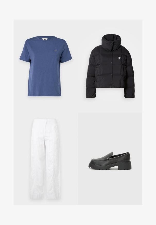 Doudoune noire au design court, avec un col montant et une fermeture à boutons. Fabriquée en matériau brillant et isolant, avec des sections matelassées.; GANT PRINTED ARCHIVE SHIELD - T-shirt basique - dusty navy; Pantalons larges blancs en tissu léger, présentant une texture lisse, des lignes épurées et une taille haute.; Mocassins en cuir noir avec un bout arrondi, une semelle épaisse et texturée, et des détails de couture minimalistes. Design épuré sans lacets ni métal visibles.