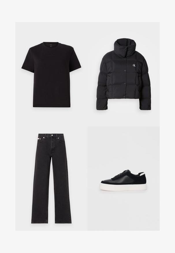 Crna puffer jakna s krojenjem na visini struka, visokim ovratnikom i kopčanjem na dugmad. Izrađena od sjajnog, izoliranog materijala s četvrtastim sekcijama.; Crna pamučna majica kratkih rukava, s okruglim izrezom i suptilnim izvezenim Calvin Klein logom na prsima. Glatka tekstura, opušteni kroj.; Crne široke traperice od denima, s visokim strukom, pet džepova i metalnim zatvaranjem s kontrastnim šavovima.; Crne tenisice s glatkom kožom i panelima od antilopa, ravne vezice, zaobljenim vrhom i bijelim gumeni potplat. Izraziti logo na peti.