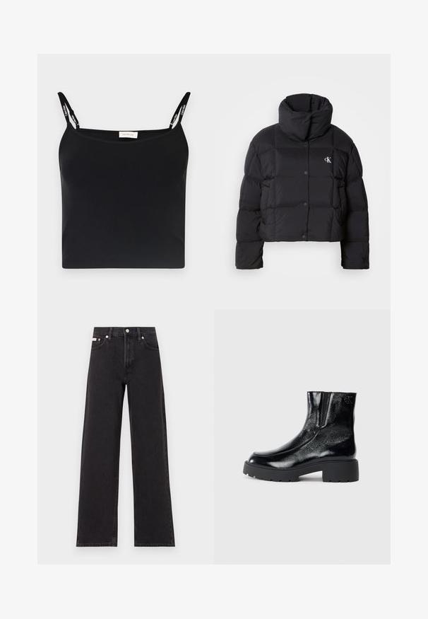 Černá péřová bunda s krátkým střihem, vysokým límcem a zapínáním na knoflíky. Vyrobena z lesklého, izolačního materiálu s prošívanými částmi.; Černá žebrovaná tílko s tenkými ramínky se značkováním Calvin Klein. Jednoduchý, přiléhavý design s hladkou texturou a bez dalších vzorů.; Černé široké jeansy vyrobené z denimu, s vysokým pasem, pěti kapsami a kovovým zapínáním s kontrastním prošíváním.; Černé kotníkové boty s lesklým lakovaným povrchem, robustní černou gumovou podešví a zvýšeným podpatkem; obsahují jemný logo detail na boku.