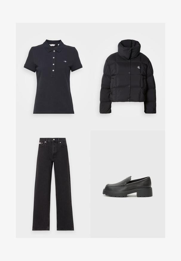 Černá péřová bunda s krátkým střihem, vysokým límcem a zapínáním na knoflíky. Vyrobena z lesklého, izolačního materiálu s prošívanými částmi.; Námořnická modrá polokošile s krátkými rukávy, tříknoflíkovou légou a malým logem na levé hrudi. Vyrobena z bavlny s hladkou texturou.; Černé široké jeansy vyrobené z denimu, s vysokým pasem, pěti kapsami a kovovým zapínáním s kontrastním prošíváním.; Černé kožené mokasíny s okrouhlou špičkou, silnou strukturovanou podrážkou a minimálními detaily šití. Elegantní design bez viditelných tkaniček nebo kovových prvků.