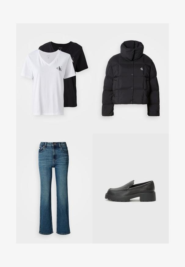 Mustat toppatakki, jossa on lyhyt malli, korkea kaulus ja nappikiinnitys. Valmistettu kiiltävästä, eristävästä materiaalista, jossa on tikatut osat.; Kaksi V-pääntie t-paitaa: yksi valkoinen, yksi musta. Molemmat ovat puuvillaa, lyhythihaisia ja niissä on pieni logo vasemmassa rinnassa. Yksinkertainen muotoilu.; Korkeavyötäröiset siniset farkut, jotka on valmistettu denimistä, ja joissa on suora lahje, hienovarainen haalistuminen sekä tavallinen nappi- ja vetoketjusuljenta.; Musta nahkakengät, joissa on pyöristetty kärki, paksu teksturoitu pohja ja vähäiset ompeluyksityiskohdat. Tyylikäs muotoilu, jossa ei ole näkyviä nauhoja tai metalliosia.