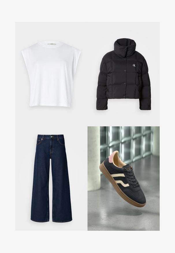 Schwarze Pufferjacke mit einem cropped Design, hohem Kragen und Knopfverschluss. Hergestellt aus glänzendem, isoliertem Material mit gesteppte Abschnitten.; Weißes, kurzes Baumwoll-T-Shirt mit kurzen Ärmeln, Rundhalsausschnitt und einem glatten, leicht strukturierten Stoff. Keine Muster oder sichtbaren Beschläge.; Weite, dunkelblaue Jeans mit hoher Taille, Fronttaschen und Knopfverschluss. Merkmale sind Kontrastnähte und eine glatte Textur.; Marineblaue Leder-Sneaker mit cremefarbenen Streifen, rosa Akzenten an der Ferse und einer strukturierten, tannfarbenen Gummisohle. Klassisches Low-Top-Design.