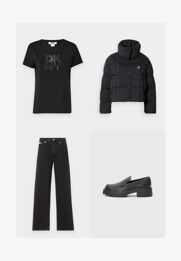 Juodas pūkinis švarkas su trumpu dizainu, aukštu apykakle ir mygtukų uždarymu. Pagamintas iš blizgios, šiltos medžiagos, turinčios siūtas dalis.; Juodas trumpas rankoves marškinėliai, pagaminti iš medvilnės, su tekstūruotu dizainu ir sidabriniais kalnų krištolais, išdėstytais stilizuotu logotipu priekyje.; Juodos plačios kojų džinsai, pagaminti iš džinsinio audinio, su aukštu liemeniu, penkių kišenių stiliumi ir metaline sagte su kontrastingo siuvimo detalėmis.; Juodi odiniai loaferiai su apvaliu pirštu, storu tekstūruotu padu ir minimaliu siūlių dekoru. Išskirtinis dizainas be matomų raištelių ar furnitūros.