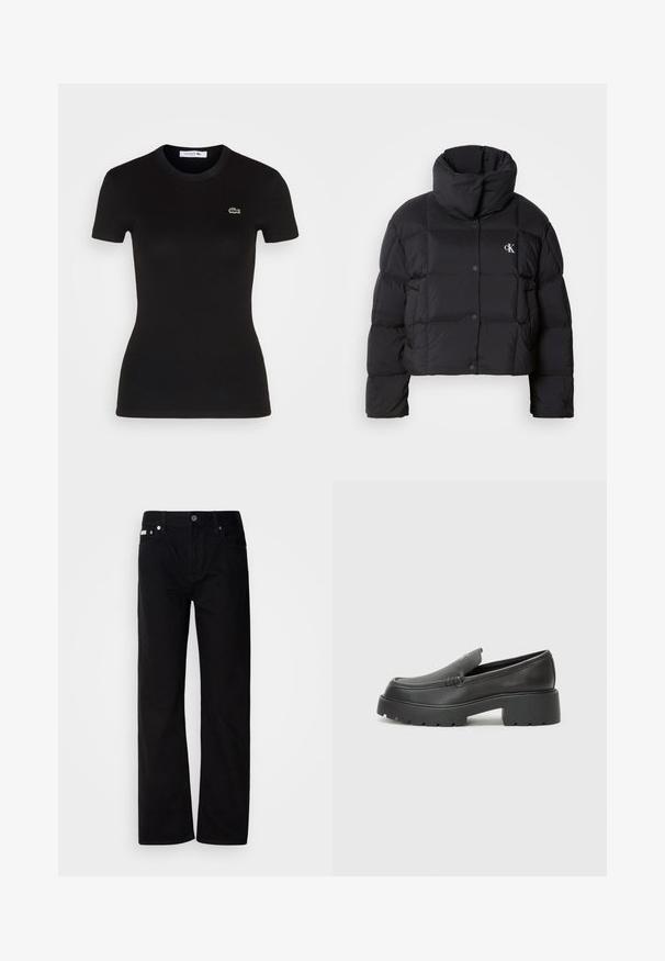 Casaco puffer preto com um design cropped, gola alta e fecho de botão. Feito de material brilhante e isolante, apresentando seções acolchoadas.; T-shirt preto canelado de manga curta com um decote redondo, apresentando um pequeno logótipo do crocodilo verde da Lacoste no lado esquerdo do peito.; Calças de ganga pretas de perna reta com cinco bolsos, rebites prateados e fecho de botão. O tecido tem um acabamento suave e ligeiramente texturizado.; Mocassins de couro preto com bico arredondado, sola espessa e texturizada, e detalhes de costura minimalistas. Design elegante sem atacadores ou ferragens visíveis.