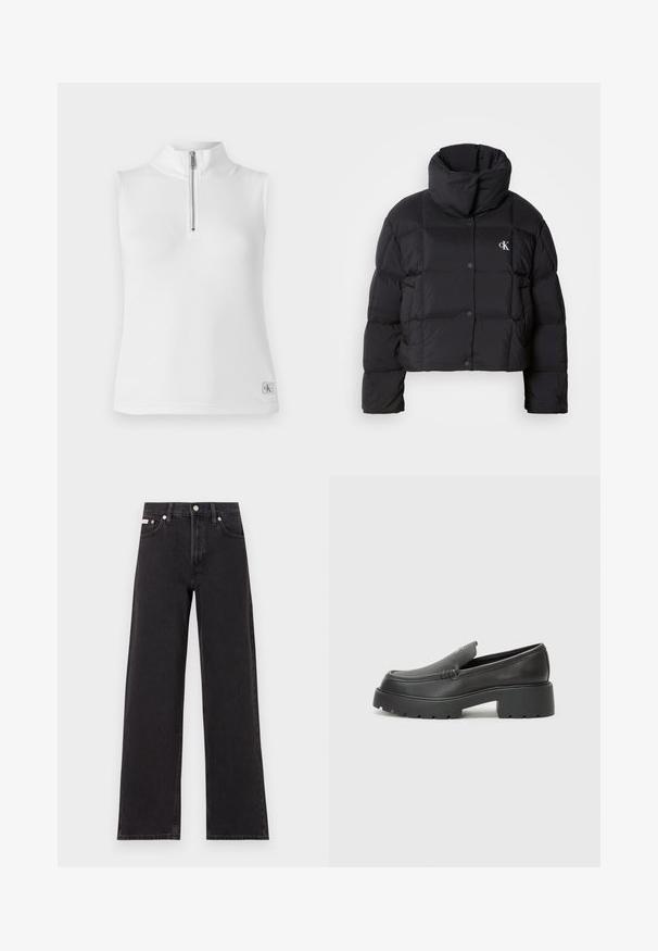 Črn napihnjen jakna s skrajšanim dizajnom, visokim ovratnikom in gumbnim zapiranjem. Narejena iz sijajnega, toplega materiala z oblečenimi odseki.; Bela brezrokavna majica s podaljšanim ovratnikom in pol zadrgo. Ima rebrasto teksturo in majhno oznako blagovne znamke na robu.; Črne široke jeans hlače iz denima, s poudarjenim pasom, petimi žepi in kovinskim gumbom za zapiranje ter kontrastnim šivanjem.; Črne usnjene loafers čevlje z zaobljenim nosom, debelim teksturiranim podplatom in minimalnimi šivi. Elegantna zasnova brez vidnih vezalk ali kovinskih delov.