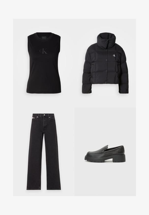 Črn napihnjen jakna s skrajšanim dizajnom, visokim ovratnikom in gumbnim zapiranjem. Narejena iz sijajnega, toplega materiala z oblečenimi odseki.; Črna brezrokavna majica iz bombaža, z okroglo izrezano vratno odprtino in subtilnim embosiranim logotipom na prsih. Gladka tekstura.; Črne široke jeans hlače iz denima, s poudarjenim pasom, petimi žepi in kovinskim gumbom za zapiranje ter kontrastnim šivanjem.; Črne usnjene loafers čevlje z zaobljenim nosom, debelim teksturiranim podplatom in minimalnimi šivi. Elegantna zasnova brez vidnih vezalk ali kovinskih delov.
