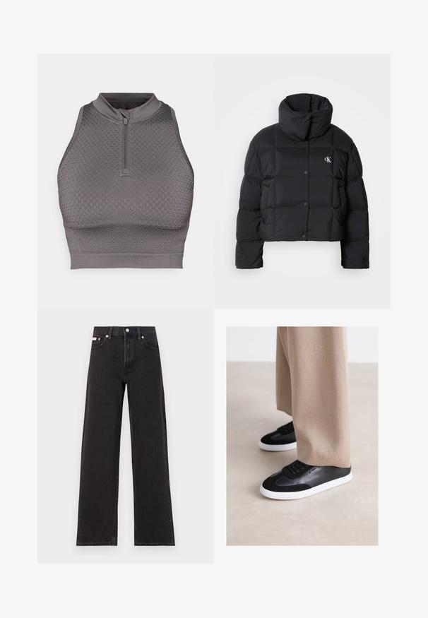 Giacca piumino nera con un design cropped, colletto alto e chiusura con bottoni. Realizzata in materiale lucido e isolato con sezioni trapuntate.; Top corto sportivo grigio con collo a zip, motivo texture, design aderente e finitura liscia all'orlo e alle aperture per le braccia.; Jeans neri a gamba larga in denim, con vita alta, styling a cinque tasche e chiusura con bottone metallico e cuciture a contrasto.; Sneakers in pelle nera con accenti in suede, dotati di una suola in gomma bianca e lacci neri. Abbinati a pantaloni beige a gamba larga.