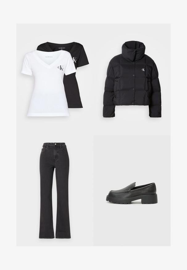 Black puffer jacket with a cropped design, high collar, and button closure. Made from glossy, insulated material featuring quilted sections.; Two V-neck T-shirts in black and white. Both are made of soft cotton, featuring short sleeves and a small "CK" logo on the chest.; Black high-waisted flared jeans made of denim, featuring a button closure, belt loops, and side pockets. Smooth texture with minimal fading.; Black leather loafers with a rounded toe, thick textured sole, and minimal stitching details. Sleek design with no visible laces or hardware.
