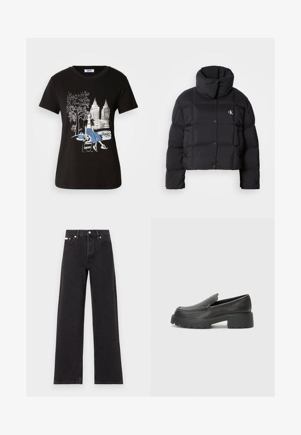 Črn napihnjen jakna s skrajšanim dizajnom, visokim ovratnikom in gumbnim zapiranjem. Narejena iz sijajnega, toplega materiala z oblečenimi odseki.; Črna bombažna majica s grafičnim dizajnom ženske, ki ima drevo in mestno pokrajino, poudarja kontrastne barve in zapletene detajle.; Črne široke jeans hlače iz denima, s poudarjenim pasom, petimi žepi in kovinskim gumbom za zapiranje ter kontrastnim šivanjem.; Črne usnjene loafers čevlje z zaobljenim nosom, debelim teksturiranim podplatom in minimalnimi šivi. Elegantna zasnova brez vidnih vezalk ali kovinskih delov.