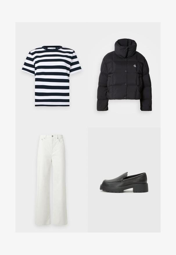 Black puffer jacket with a cropped design, high collar, and button closure. Made from glossy, insulated material featuring quilted sections.; Striped t-shirt in black and white with short sleeves, crew neck, and a straight hem. Made from a soft, breathable cotton material.; Samsøe Samsøe SHELLY - Relaxed fit jeans - clear cream; Black leather loafers with a rounded toe, thick textured sole, and minimal stitching details. Sleek design with no visible laces or hardware.