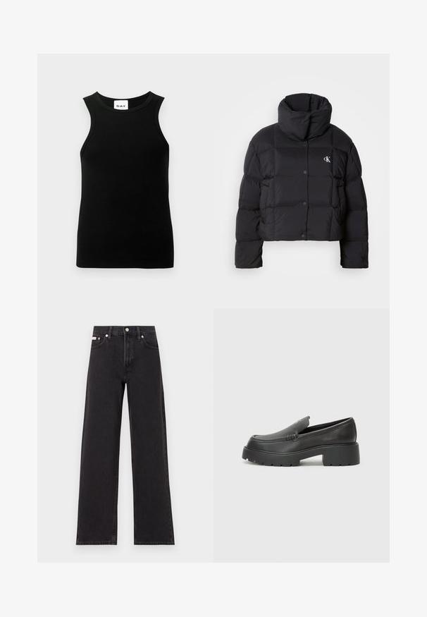 Giacca piumino nera con un design cropped, colletto alto e chiusura con bottoni. Realizzata in materiale lucido e isolato con sezioni trapuntate.; Top senza maniche di colore nero con texture a coste, scollatura rotonda e forma aderente. L'etichetta mostra il logo "DAY".; Jeans neri a gamba larga in denim, con vita alta, styling a cinque tasche e chiusura con bottone metallico e cuciture a contrasto.; Mocassini in pelle nera con punta arrotondata, suola spessa e testurizzata, e minime cuciture. Design elegante senza lacci o parti metalliche visibili.